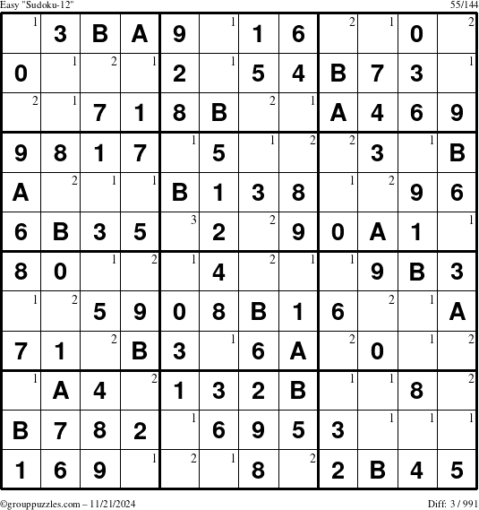 The grouppuzzles.com Easy Sudoku-12 puzzle for Thursday November 21, 2024 with the first 3 steps marked