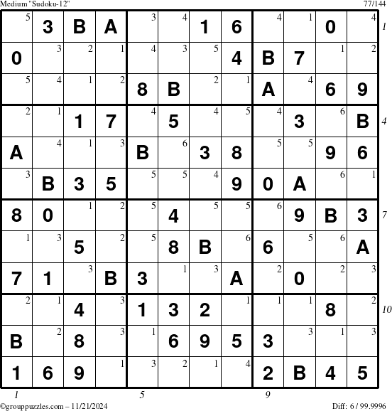 The grouppuzzles.com Medium Sudoku-12 puzzle for Thursday November 21, 2024 with all 6 steps marked