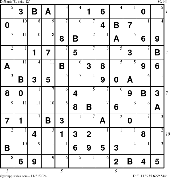 The grouppuzzles.com Difficult Sudoku-12 puzzle for Thursday November 21, 2024 with all 11 steps marked