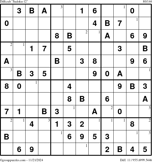 The grouppuzzles.com Difficult Sudoku-12 puzzle for Thursday November 21, 2024 with the first 3 steps marked