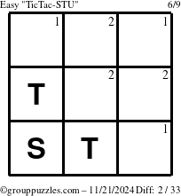 The grouppuzzles.com Easy TicTac-STU puzzle for Thursday November 21, 2024 with the first 2 steps marked