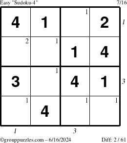 The grouppuzzles.com Easy Sudoku-4 puzzle for Sunday June 16, 2024 with all 2 steps marked