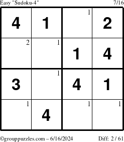 The grouppuzzles.com Easy Sudoku-4 puzzle for Sunday June 16, 2024 with the first 2 steps marked