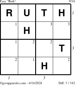 The grouppuzzles.com Easy Ruth puzzle for Sunday June 16, 2024 with all 3 steps marked