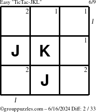 The grouppuzzles.com Easy TicTac-JKL puzzle for Sunday June 16, 2024 with all 2 steps marked