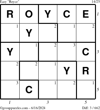 The grouppuzzles.com Easy Royce puzzle for Sunday June 16, 2024 with all 3 steps marked