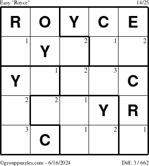 The grouppuzzles.com Easy Royce puzzle for Sunday June 16, 2024 with the first 3 steps marked