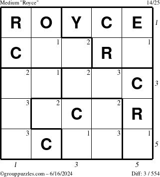 The grouppuzzles.com Medium Royce puzzle for Sunday June 16, 2024, suitable for printing, with all 3 steps marked