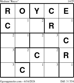 The grouppuzzles.com Medium Royce puzzle for Sunday June 16, 2024 with the first 3 steps marked