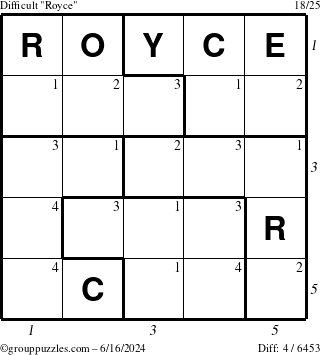 The grouppuzzles.com Difficult Royce puzzle for Sunday June 16, 2024 with all 4 steps marked