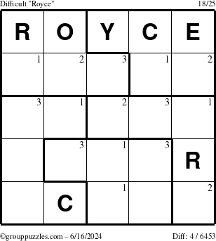 The grouppuzzles.com Difficult Royce puzzle for Sunday June 16, 2024 with the first 3 steps marked