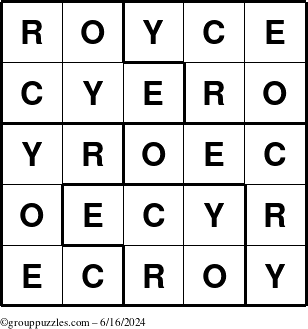 The grouppuzzles.com Answer grid for the Royce puzzle for Sunday June 16, 2024