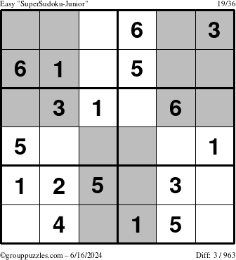 The grouppuzzles.com Easy SuperSudoku-Junior puzzle for Sunday June 16, 2024