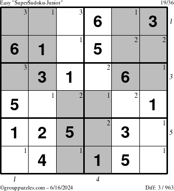 The grouppuzzles.com Easy SuperSudoku-Junior puzzle for Sunday June 16, 2024 with all 3 steps marked