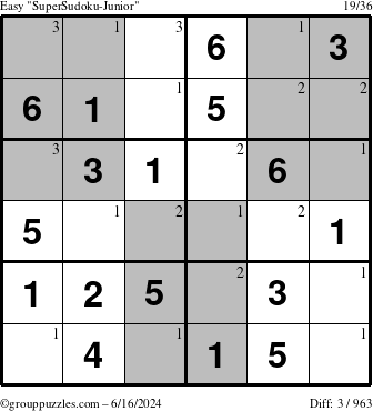 The grouppuzzles.com Easy SuperSudoku-Junior puzzle for Sunday June 16, 2024 with the first 3 steps marked