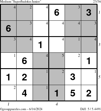 The grouppuzzles.com Medium SuperSudoku-Junior puzzle for Sunday June 16, 2024 with all 5 steps marked