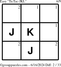 The grouppuzzles.com Easy TicTac-JKL puzzle for Sunday June 16, 2024 with the first 2 steps marked