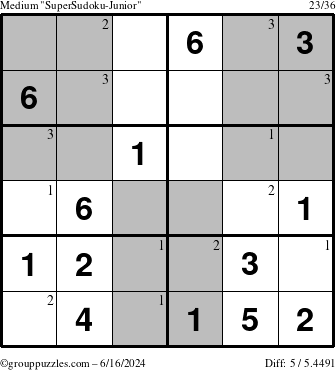 The grouppuzzles.com Medium SuperSudoku-Junior puzzle for Sunday June 16, 2024 with the first 3 steps marked