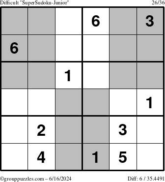 The grouppuzzles.com Difficult SuperSudoku-Junior puzzle for Sunday June 16, 2024