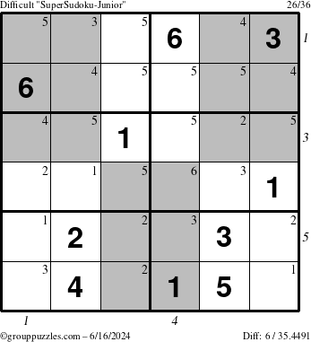 The grouppuzzles.com Difficult SuperSudoku-Junior puzzle for Sunday June 16, 2024, suitable for printing, with all 6 steps marked