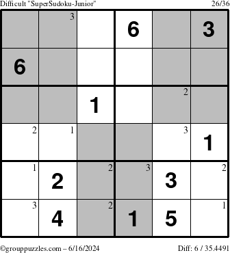 The grouppuzzles.com Difficult SuperSudoku-Junior puzzle for Sunday June 16, 2024 with the first 3 steps marked