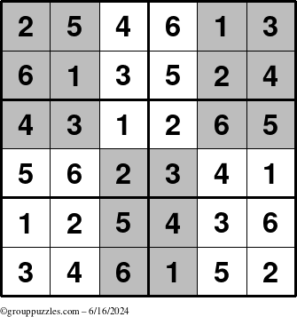 The grouppuzzles.com Answer grid for the SuperSudoku-Junior puzzle for Sunday June 16, 2024