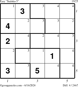 The grouppuzzles.com Easy Sudoku-5 puzzle for Sunday June 16, 2024 with all 4 steps marked