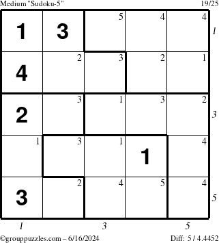 The grouppuzzles.com Medium Sudoku-5 puzzle for Sunday June 16, 2024 with all 5 steps marked