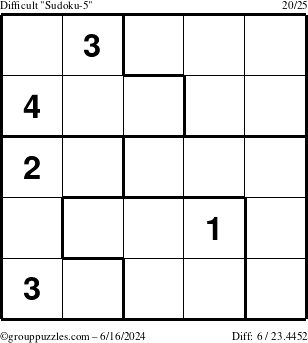 The grouppuzzles.com Difficult Sudoku-5 puzzle for Sunday June 16, 2024