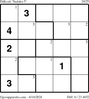 The grouppuzzles.com Difficult Sudoku-5 puzzle for Sunday June 16, 2024 with the first 3 steps marked