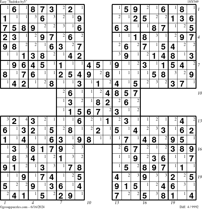 The grouppuzzles.com Easy Sudoku-by5 puzzle for Sunday June 16, 2024 with all 4 steps marked