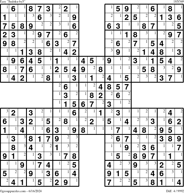 The grouppuzzles.com Easy Sudoku-by5 puzzle for Sunday June 16, 2024 with the first 3 steps marked