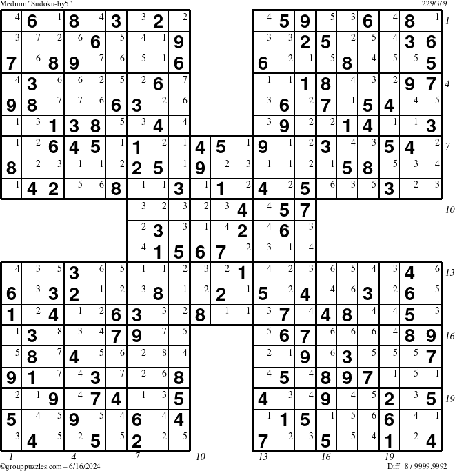 The grouppuzzles.com Medium Sudoku-by5 puzzle for Sunday June 16, 2024 with all 8 steps marked