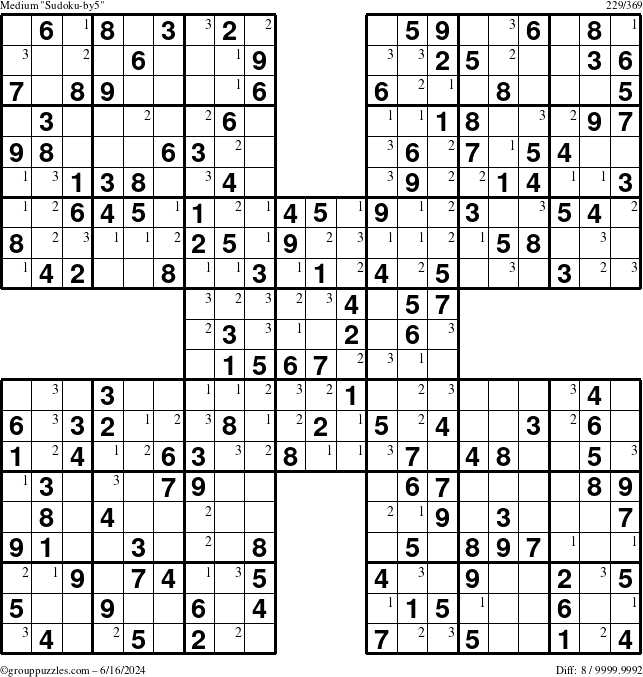 The grouppuzzles.com Medium Sudoku-by5 puzzle for Sunday June 16, 2024 with the first 3 steps marked