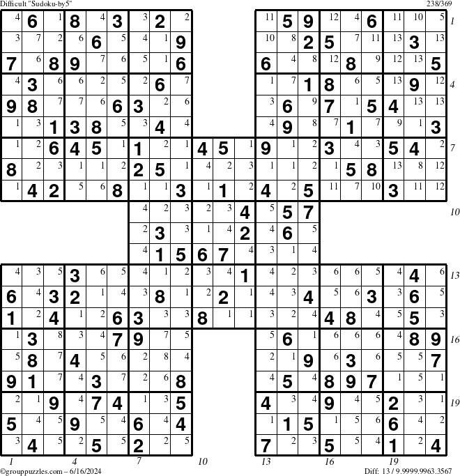 The grouppuzzles.com Difficult Sudoku-by5 puzzle for Sunday June 16, 2024 with all 13 steps marked