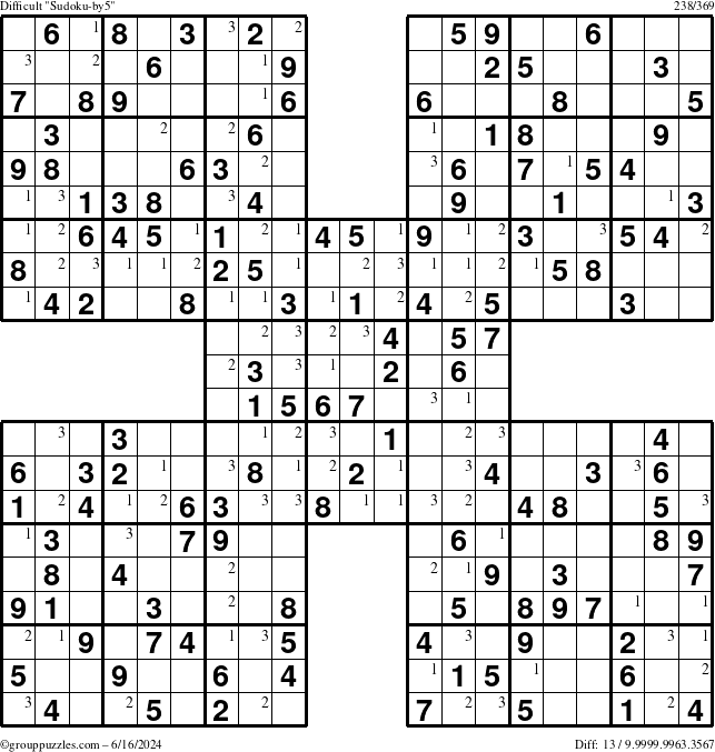 The grouppuzzles.com Difficult Sudoku-by5 puzzle for Sunday June 16, 2024 with the first 3 steps marked