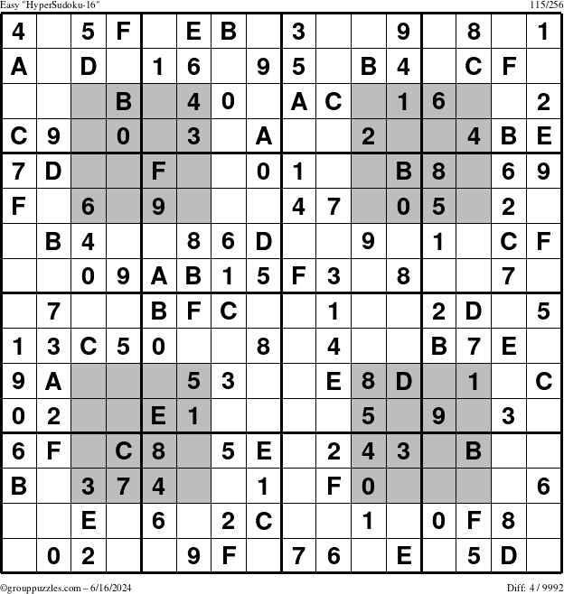 The grouppuzzles.com Easy HyperSudoku-16 puzzle for Sunday June 16, 2024