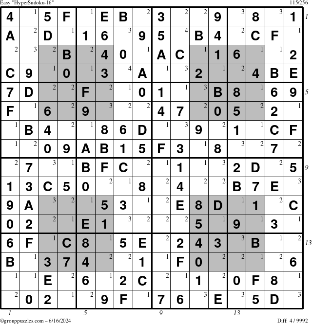 The grouppuzzles.com Easy HyperSudoku-16 puzzle for Sunday June 16, 2024, suitable for printing, with all 4 steps marked