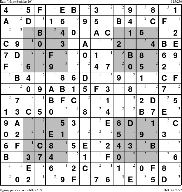 The grouppuzzles.com Easy HyperSudoku-16 puzzle for Sunday June 16, 2024 with the first 3 steps marked