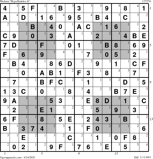 The grouppuzzles.com Medium HyperSudoku-16 puzzle for Sunday June 16, 2024, suitable for printing, with all 5 steps marked