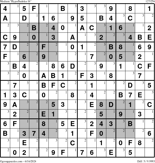 The grouppuzzles.com Medium HyperSudoku-16 puzzle for Sunday June 16, 2024 with the first 3 steps marked