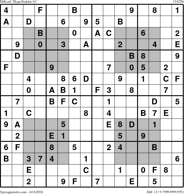 The grouppuzzles.com Difficult HyperSudoku-16 puzzle for Sunday June 16, 2024