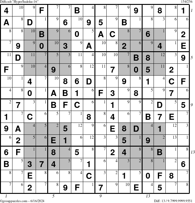 The grouppuzzles.com Difficult HyperSudoku-16 puzzle for Sunday June 16, 2024 with all 13 steps marked