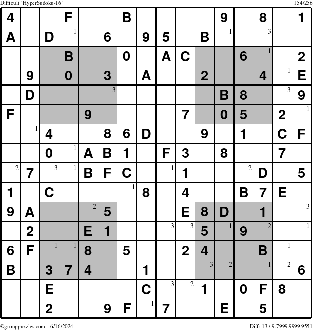 The grouppuzzles.com Difficult HyperSudoku-16 puzzle for Sunday June 16, 2024 with the first 3 steps marked