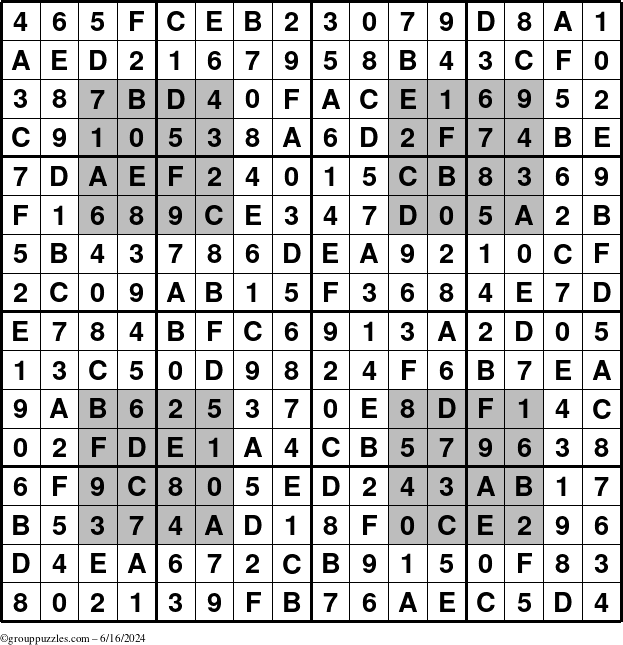 The grouppuzzles.com Answer grid for the HyperSudoku-16 puzzle for Sunday June 16, 2024