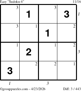 The grouppuzzles.com Easy Sudoku-4 puzzle for Thursday April 23, 2026, suitable for printing, with all 3 steps marked