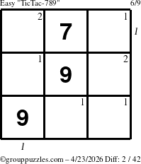 The grouppuzzles.com Easy TicTac-789 puzzle for Thursday April 23, 2026 with all 2 steps marked