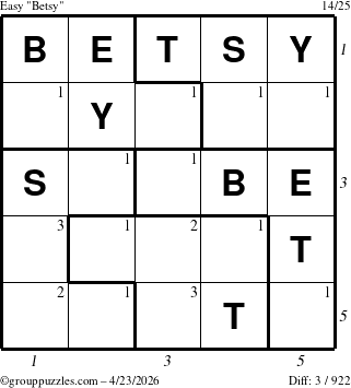 The grouppuzzles.com Easy Betsy puzzle for Thursday April 23, 2026, suitable for printing, with all 3 steps marked