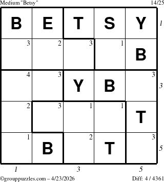 The grouppuzzles.com Medium Betsy puzzle for Thursday April 23, 2026, suitable for printing, with all 4 steps marked
