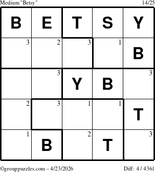 The grouppuzzles.com Medium Betsy puzzle for Thursday April 23, 2026 with the first 3 steps marked